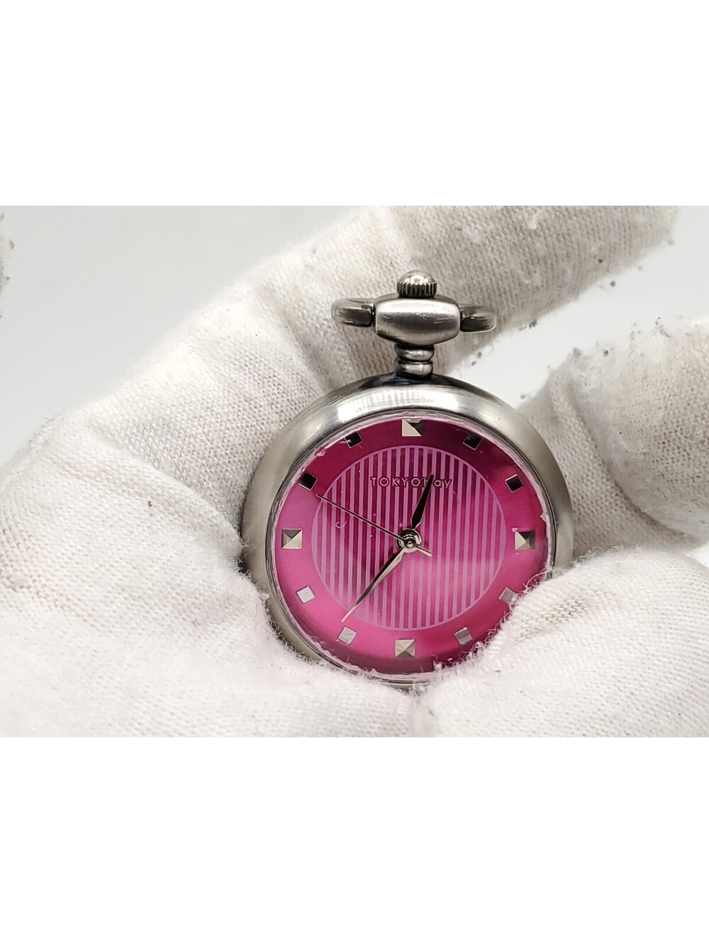 Tokyo Bay Pink Dial Silver Tone Pocket Watch Fob New Battery 30mm